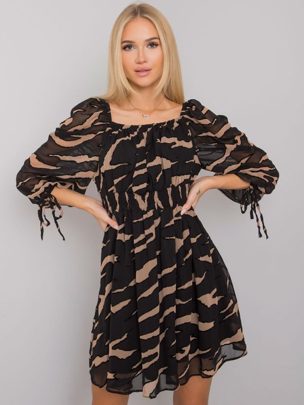 Fashionhunters Black-beige lady's dress with prints