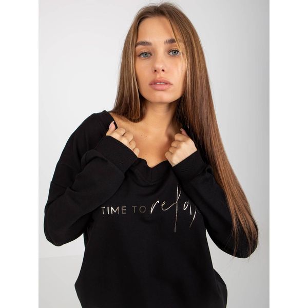 Fashionhunters Black cotton blouse with an inscription and a neckline