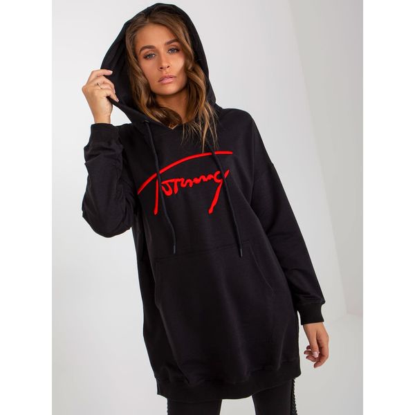 Fashionhunters Black long kangaroo sweatshirt with an inscription and a hood