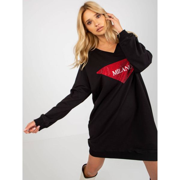 Fashionhunters Black oversized long sweatshirt with rhinestones appliqué