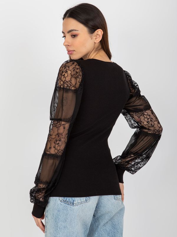 Fashionhunters Black ribbed formal blouse with lace OCH BELLA