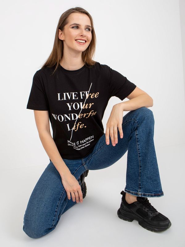 Fashionhunters Black women's T-shirt with inscriptions and round neckline