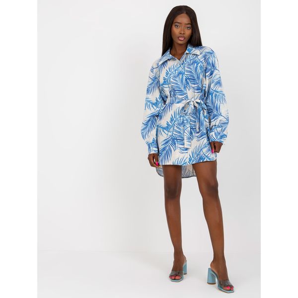 Fashionhunters Blue and beige linen shirt dress with prints