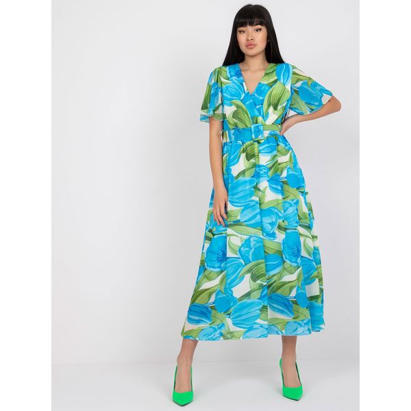 Fashionhunters Blue and green envelope dress with prints and short sleeves