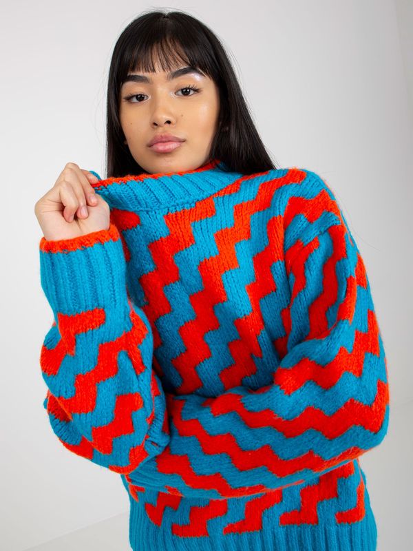 Fashionhunters Blue and orange loose classic sweater with patterns