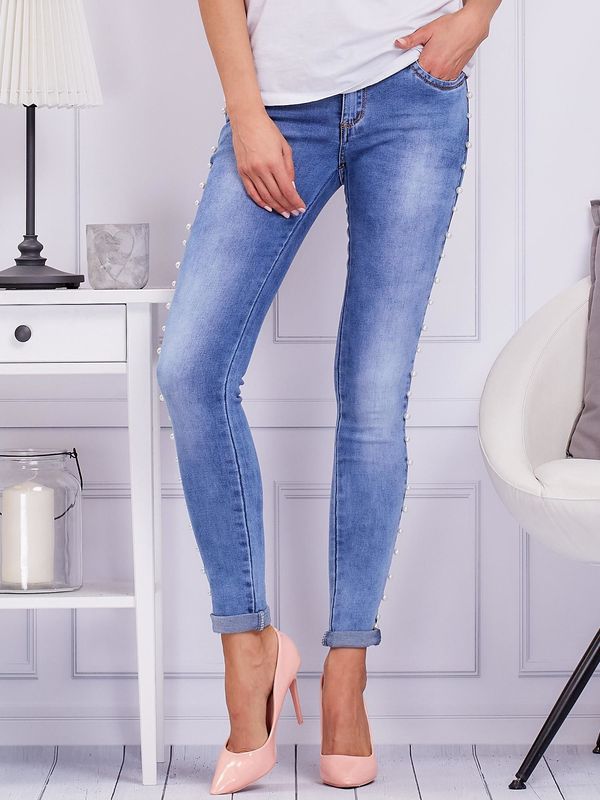Fashionhunters Blue denim trousers with pearls