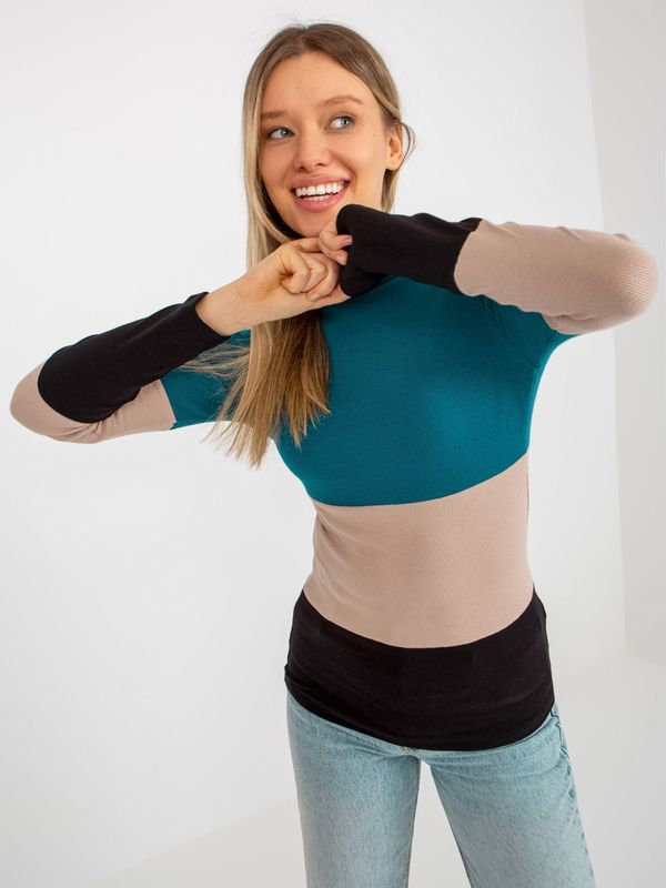 Fashionhunters Blue-green and black ribbed blouse with a simple turtleneck