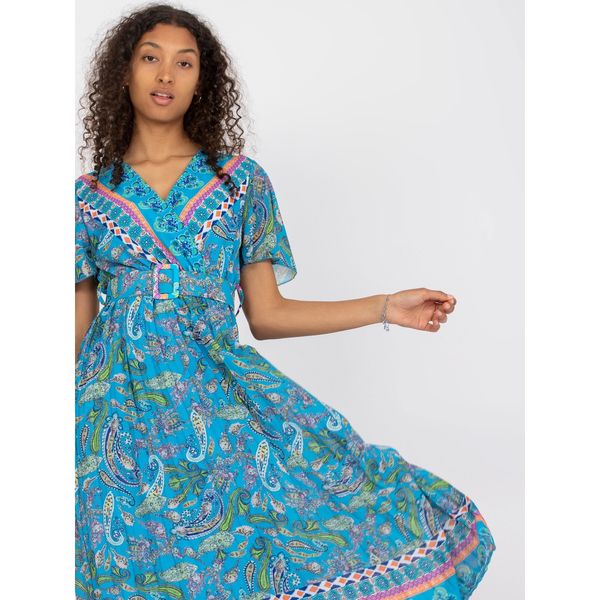 Fashionhunters Blue midi paisley dress with a wrap neckline