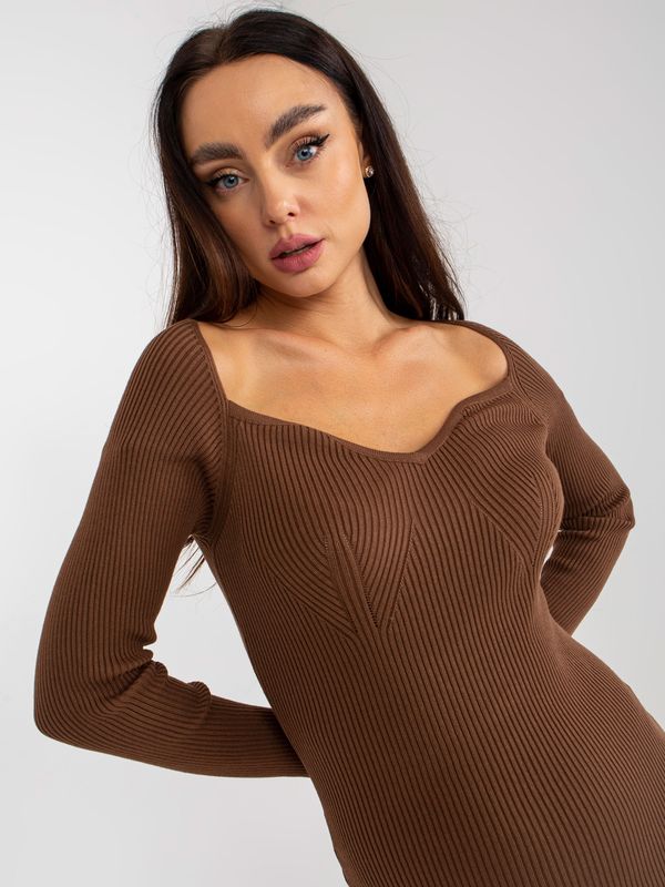 Fashionhunters Brown knitted dress with striped pattern