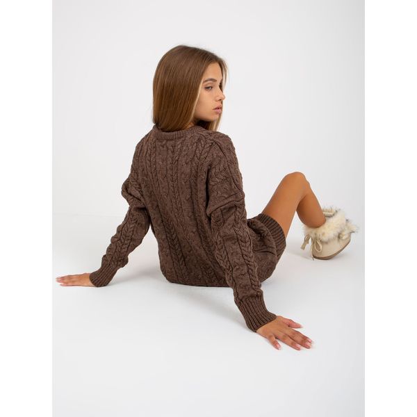 Fashionhunters Brown long sweater with braids and a round neckline from RUE PARIS