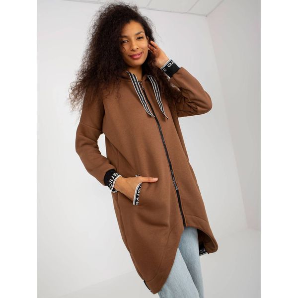 Fashionhunters Brown long zip sweatshirt with a hood from Mayar