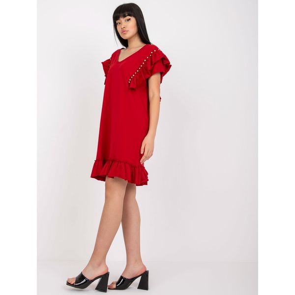 Fashionhunters Burgundy cotton mini dress with a frill