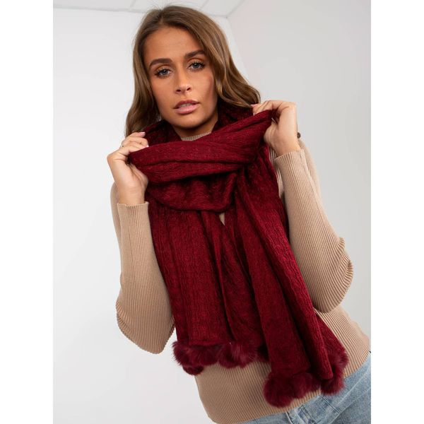 Fashionhunters Burgundy knitted scarf with pompoms