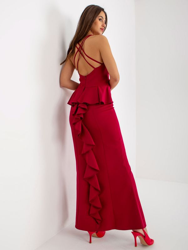 Fashionhunters Burgundy maxi formal dress with frills on the back