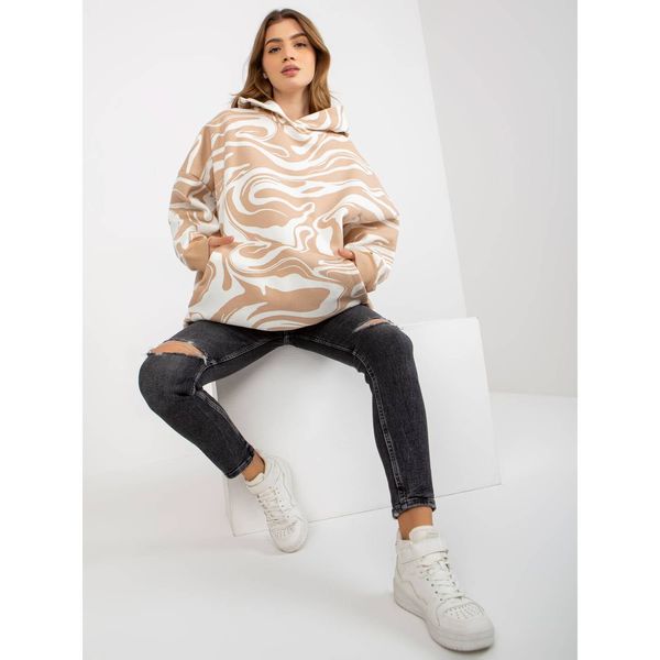 Fashionhunters Camel and white oversize sweatshirt with a print