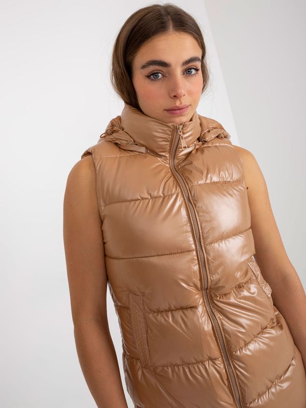 Fashionhunters Camel lacquered down vest with hood