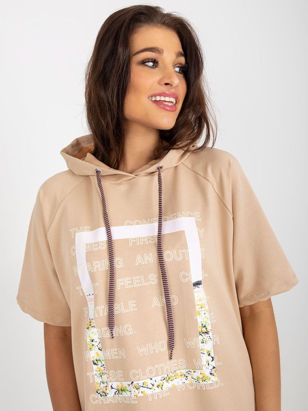 Fashionhunters Camel loose blouse with print and hood