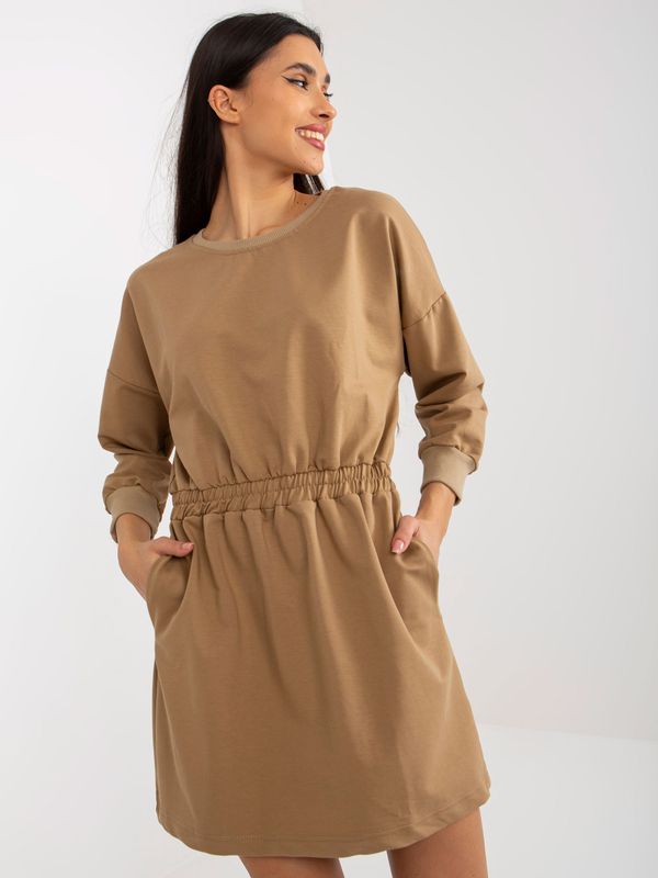 Fashionhunters Camel mini sweatshirt dress with elastic waistband