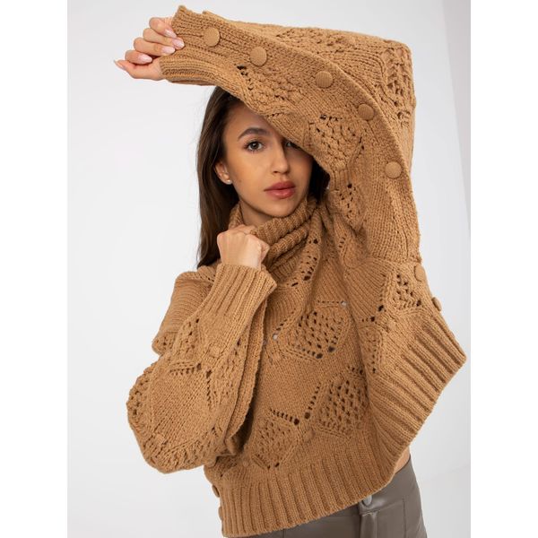 Fashionhunters Camel openwork turtleneck sweater with wide sleeves