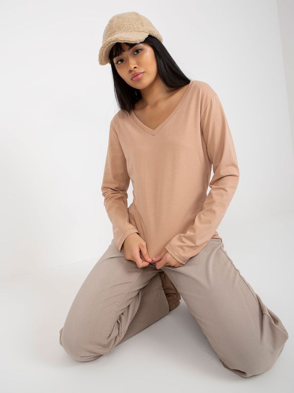 Fashionhunters Camel plain blouse with long sleeves and neckline