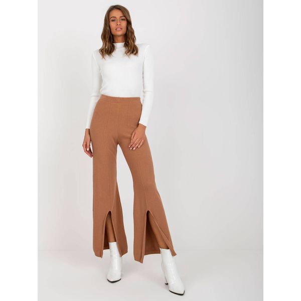 Fashionhunters Camel wide knitted trousers with a slit