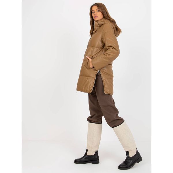 Fashionhunters Camel winter jacket made of eco-leather with quilting