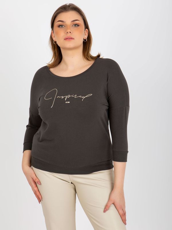 Fashionhunters Cotton khaki blouse of larger size with 3/4 sleeves