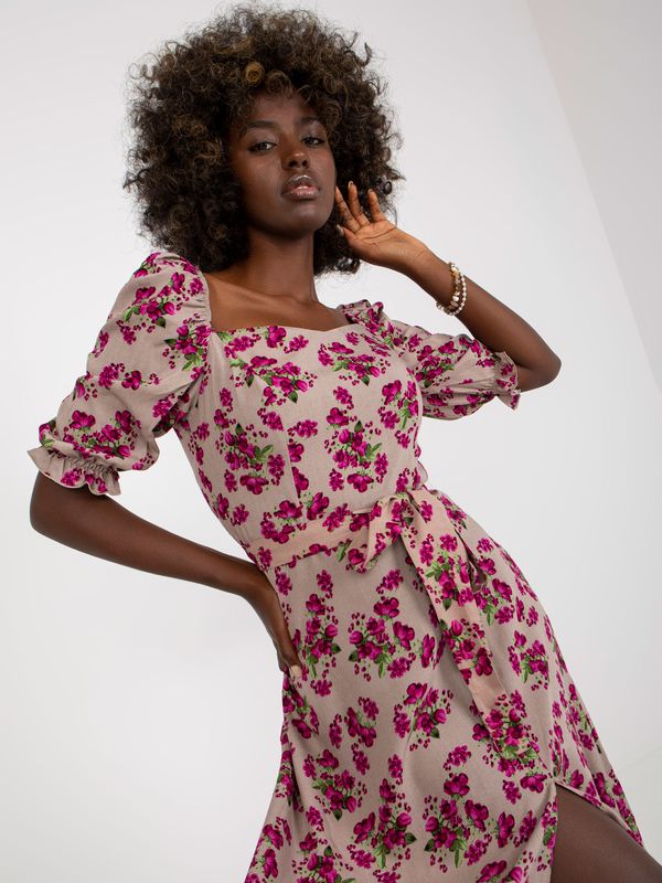 Fashionhunters Dark beige floral midi dress with slit