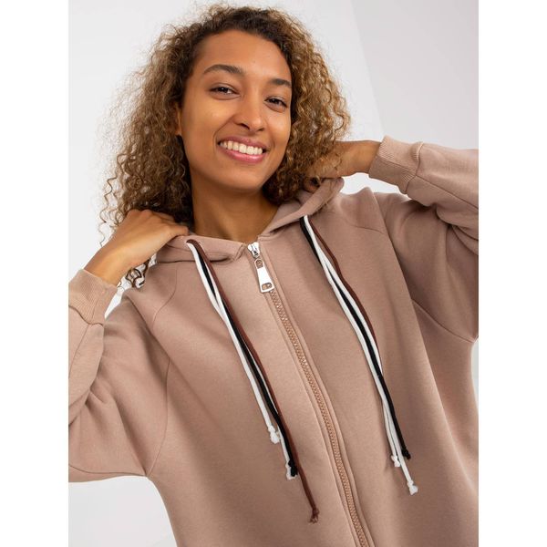 Fashionhunters Dark beige long sweatshirt with a zip and a hood