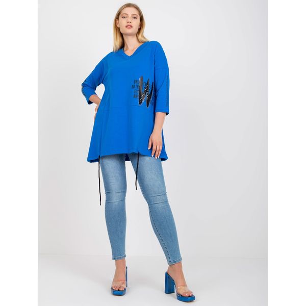 Fashionhunters Dark blue long plus size blouse with a print