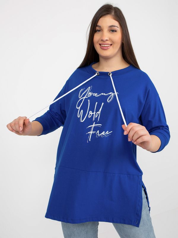 Fashionhunters Dark blue long plus size blouse with inscriptions