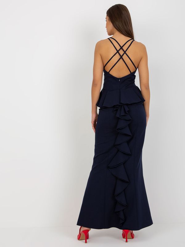 Fashionhunters Dark blue maxi formal dress with straps