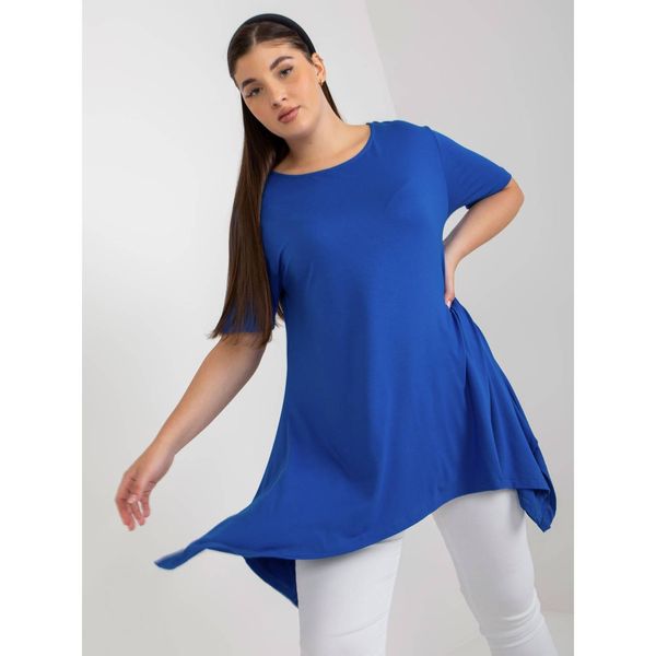 Fashionhunters Dark blue plain plus size blouse with short sleeves