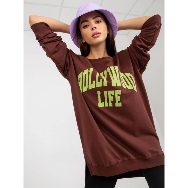 Fashionhunters Dark brown and green oversize long sweatshirt with an inscription