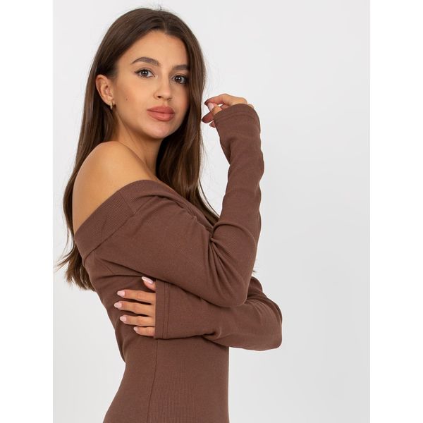 Fashionhunters Dark brown women's basic ribbed dress with long sleeves