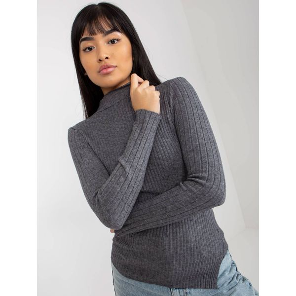 Fashionhunters Dark gray ribbed asymmetrical sweater with a stand-up collar