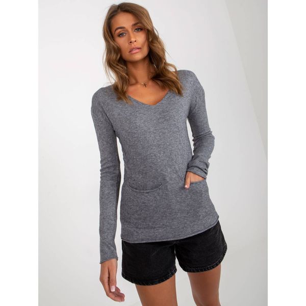 Fashionhunters Dark gray women's classic sweater with a neckline