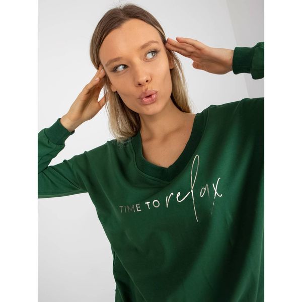 Fashionhunters Dark green cotton blouse with an inscription and a neckline