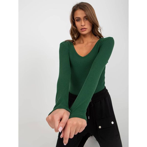 Fashionhunters Dark green fitted basic ribbed blouse