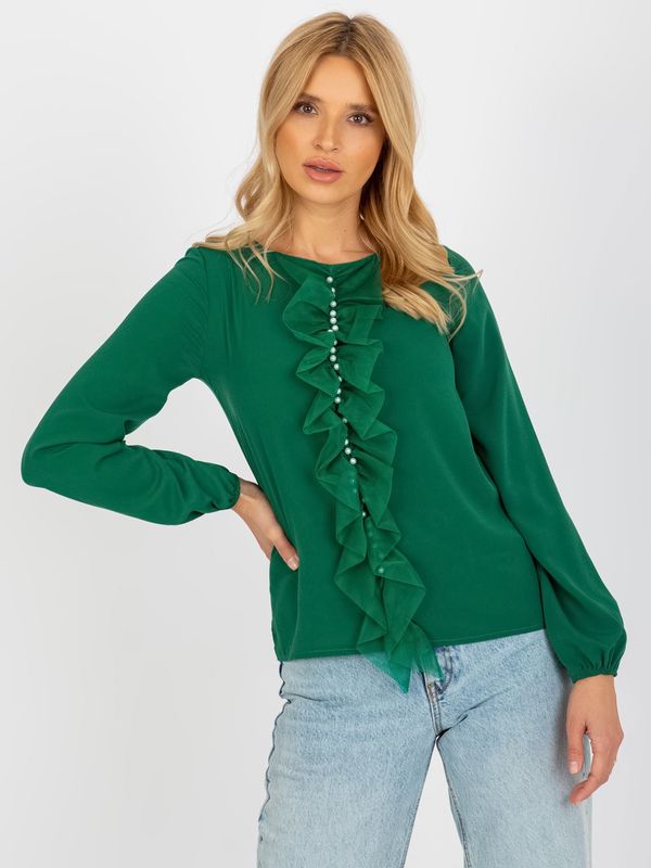 Fashionhunters Dark green formal blouse with pearls and mesh