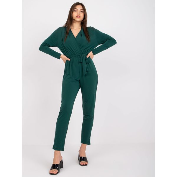 Fashionhunters Dark green jumpsuit with an envelope Serafini neckline