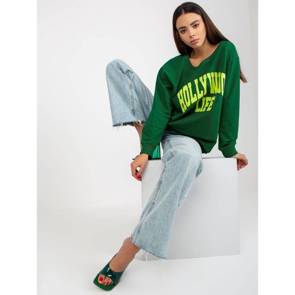 Fashionhunters Dark green long oversize sweatshirt with a print