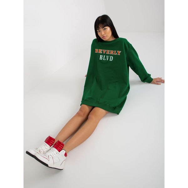 Fashionhunters Dark green long sweatshirt with a print and an appliqué