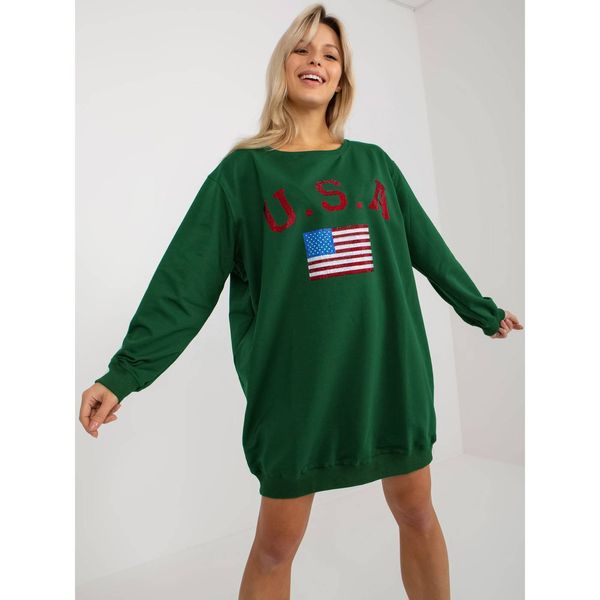 Fashionhunters Dark green long sweatshirt with a print and an appliqué