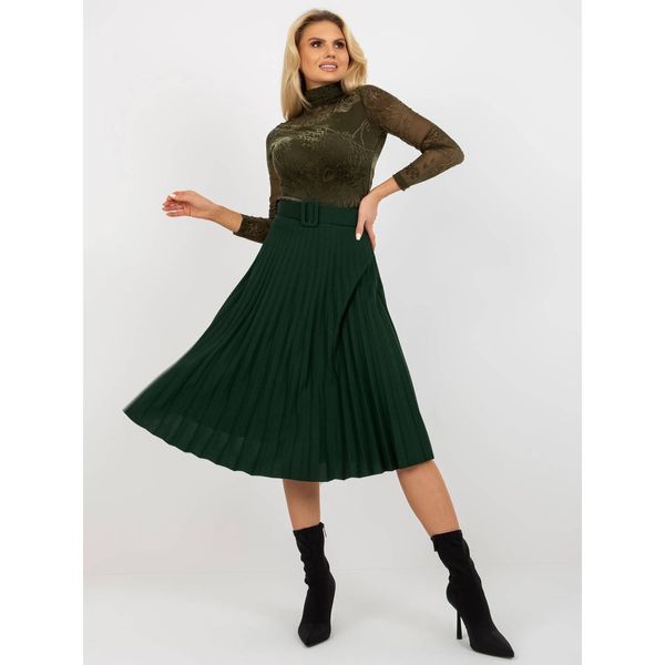 Fashionhunters Dark green pleated midi skirt with belt from Ennice