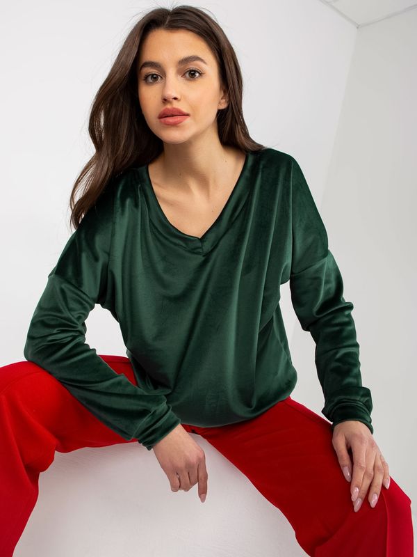 Fashionhunters Dark green velour sweatshirt with V-neck without hood