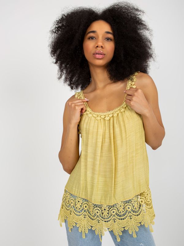 Fashionhunters Dark yellow blouse with lace and openwork trim
