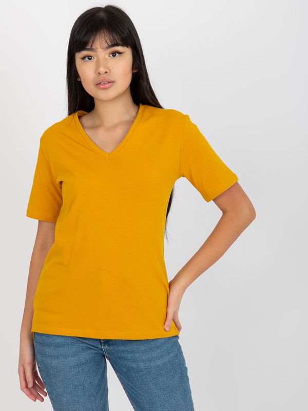 Fashionhunters Dark yellow women's basic T-shirt with V-neck