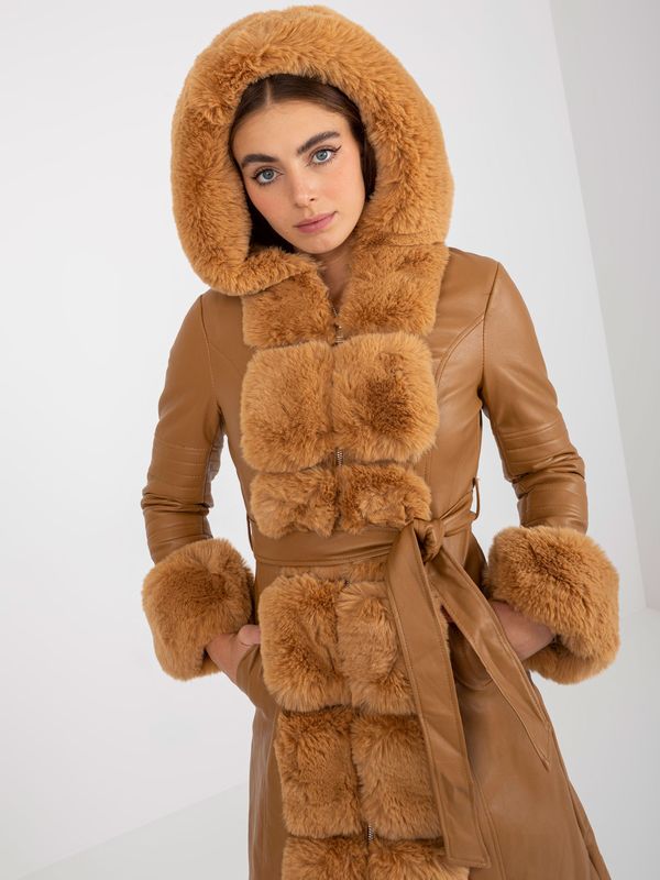Fashionhunters Eco-friendly Camel leather coat with hood
