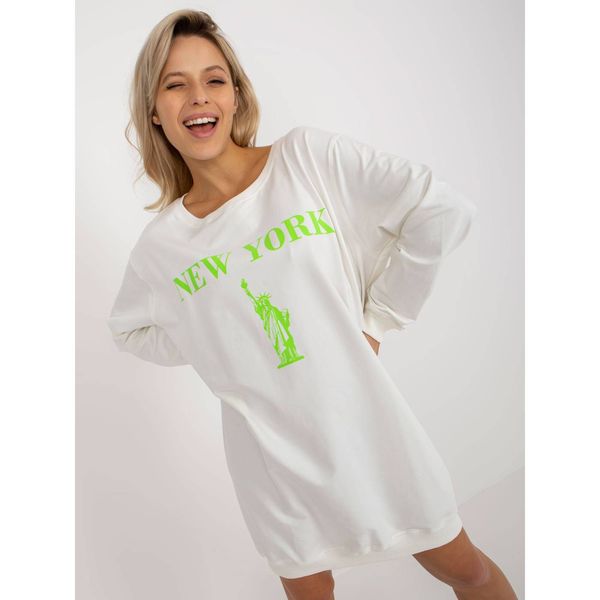 Fashionhunters Ecru-green long oversize sweatshirt with a print